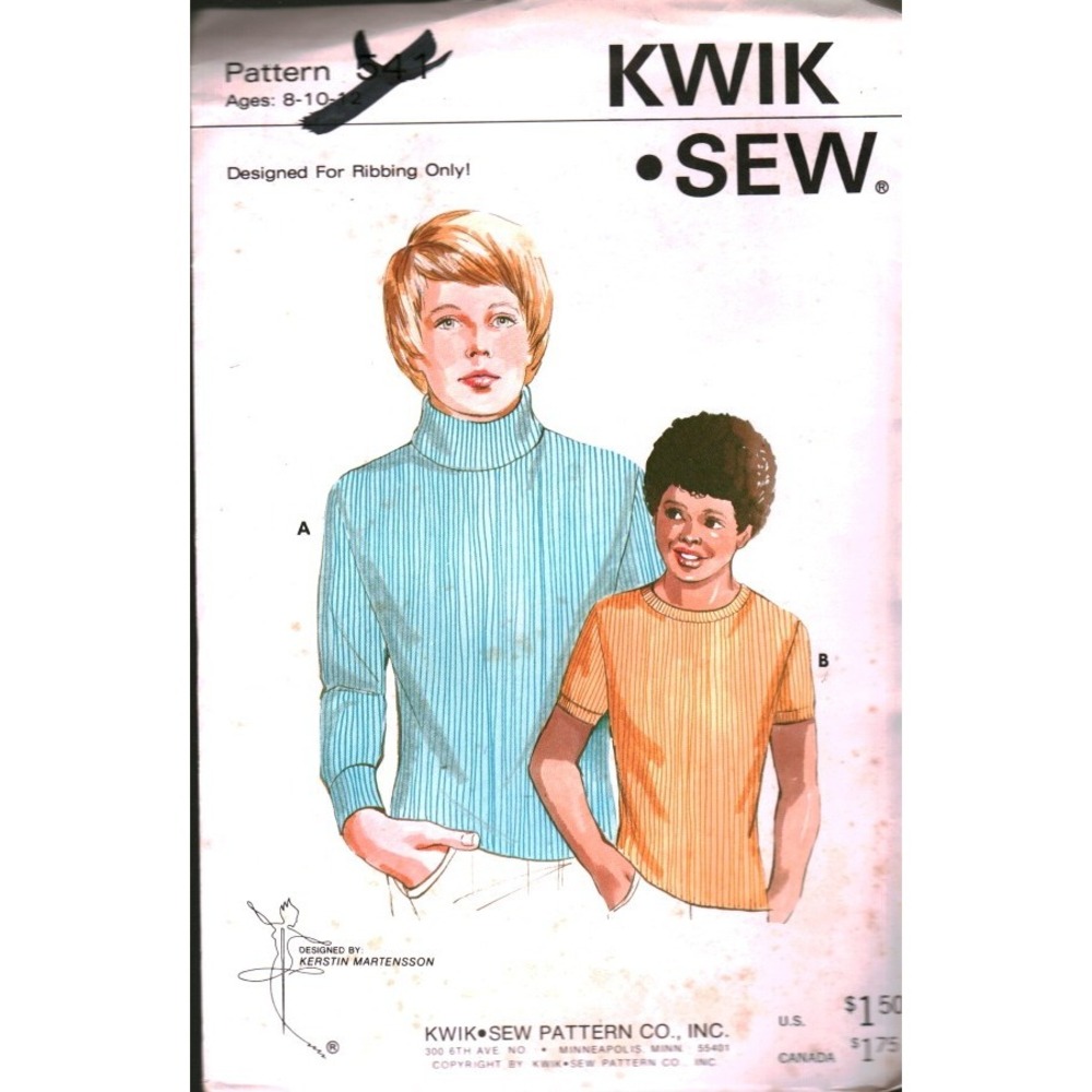 Vintage Kwik Sew 541 Boys Rib Knit Pullover Turtleneck Pattern Size 8 10 12